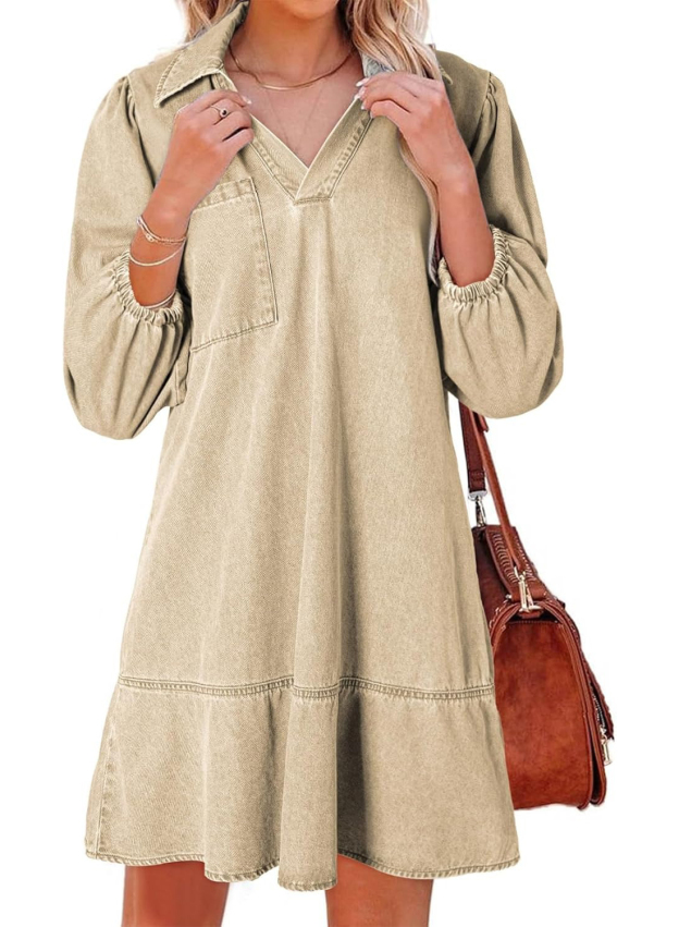 Women's V Neck 3/4 Puff Sleeve Denim Casual Dress