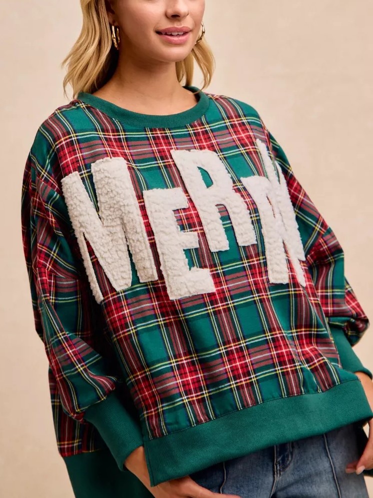 "MERRY" Fuzzy Letter Patches Christmas Plaid Sweatshirt