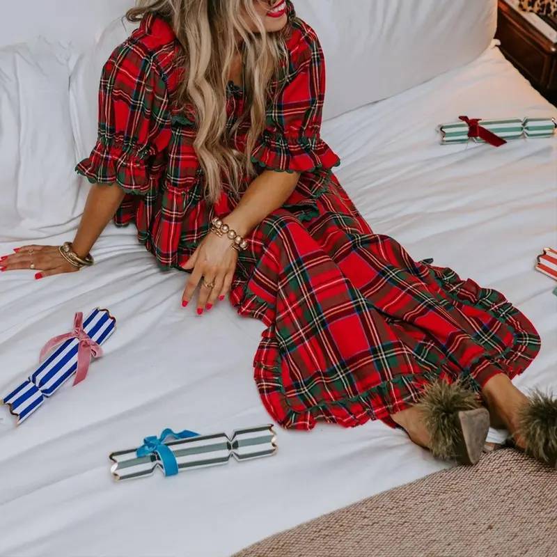 Women Pajama Set, Stripes/Plaid Short Sleeve Square Neck T-shirt with Pants Sleepwear Loungewear（buy 2 free shipping)