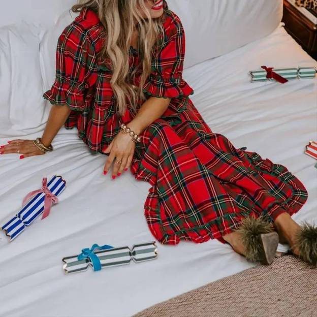 Women Pajama Set, Stripes/Plaid Short Sleeve Square Neck T-shirt with Pants Sleepwear Loungewear（buy 2 free shipping)