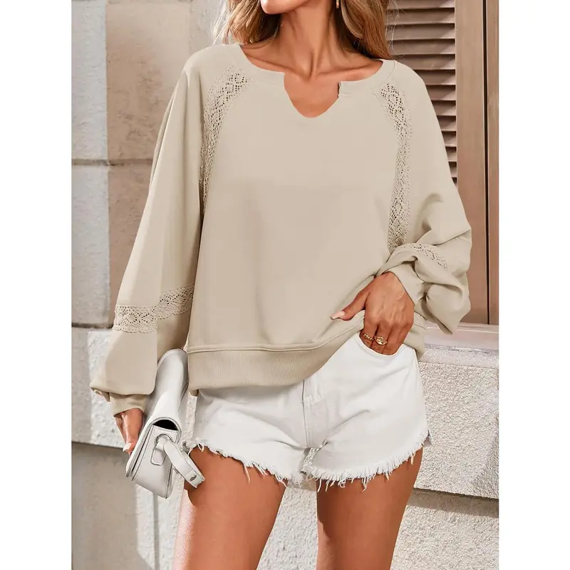 Womens Casual Sweatshirt Oversized Lantern Long Sleeve V Neck Lace Loose Fit Fall Pullover Tops（buy 2 free shipping）