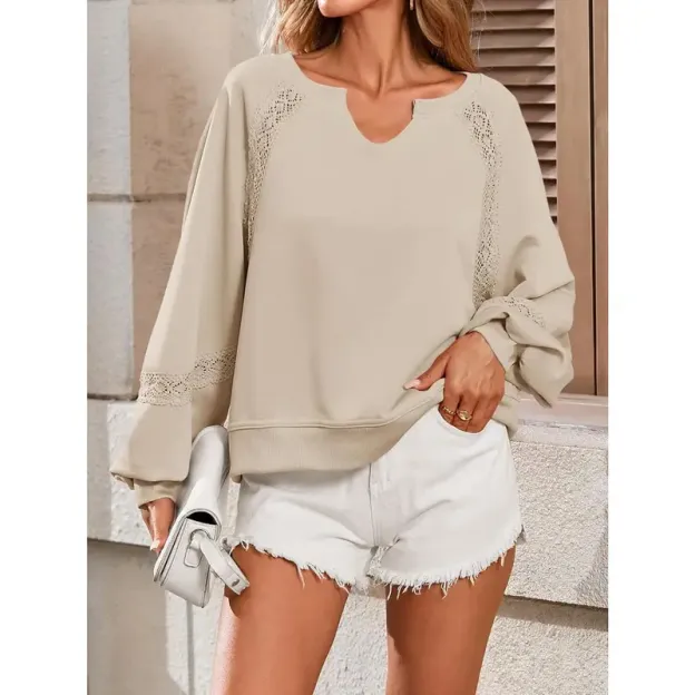 Womens Casual Sweatshirt Oversized Lantern Long Sleeve V Neck Lace Loose Fit Fall Pullover Tops（buy 2 free shipping）