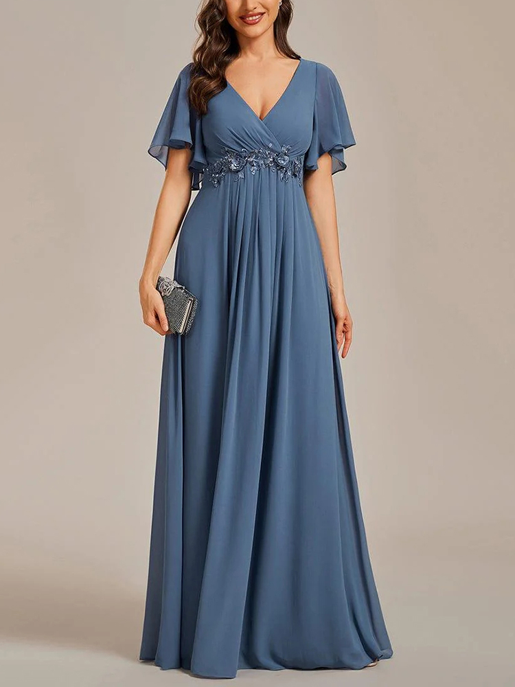 Flutter-Sleeve Appliqué A-Line Maxi Dress (Buy Two Free Shipping!!!)