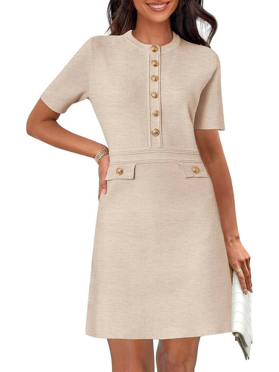Women's Elegant Knit Button Short Sleeve Bodycon Mini Dress