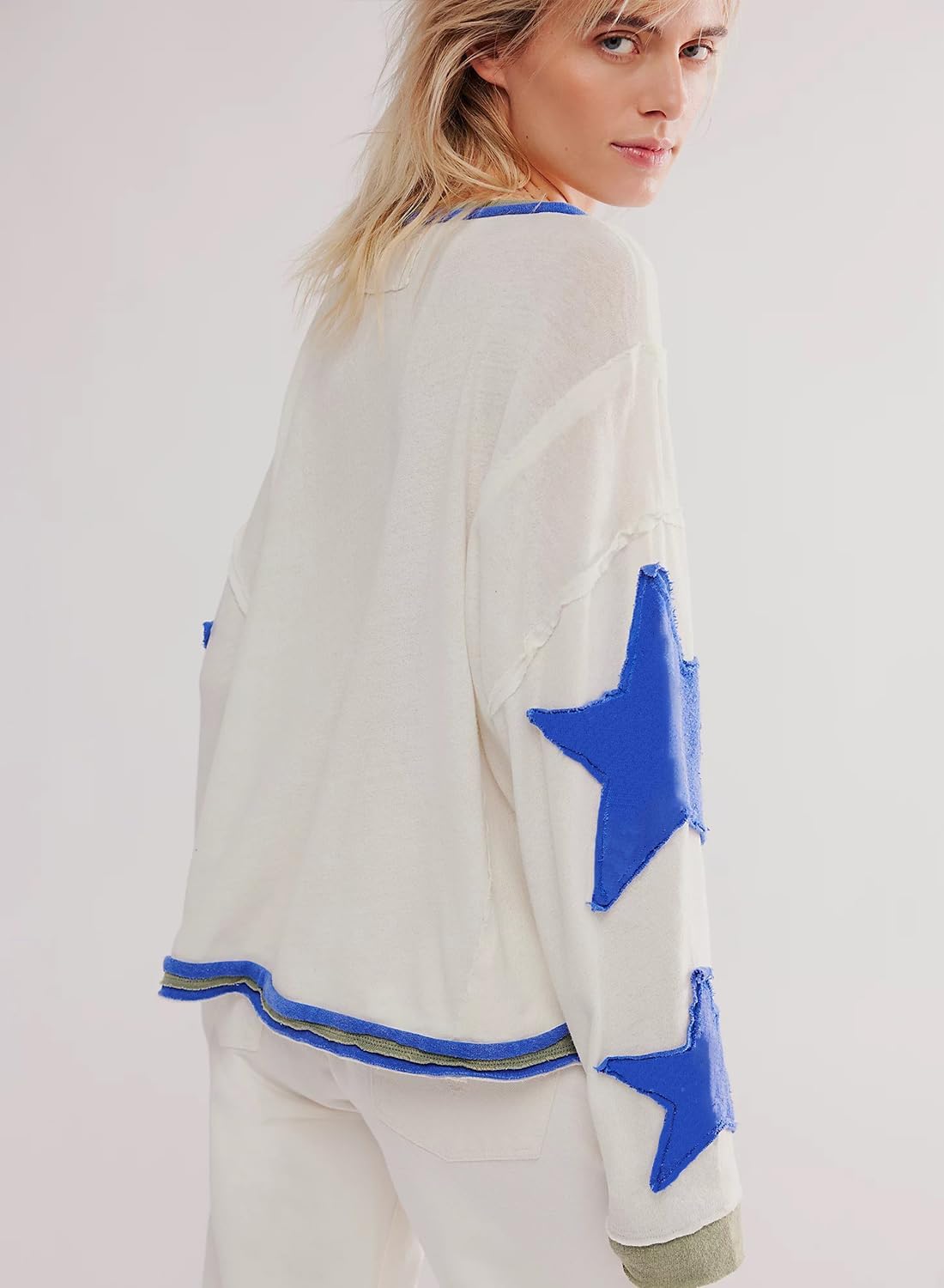 Women's Oversized Star Sweatshirt Long Sleeve Y2k Shirt Drop Shoulder Vintage Graphic Crewneck Jacket