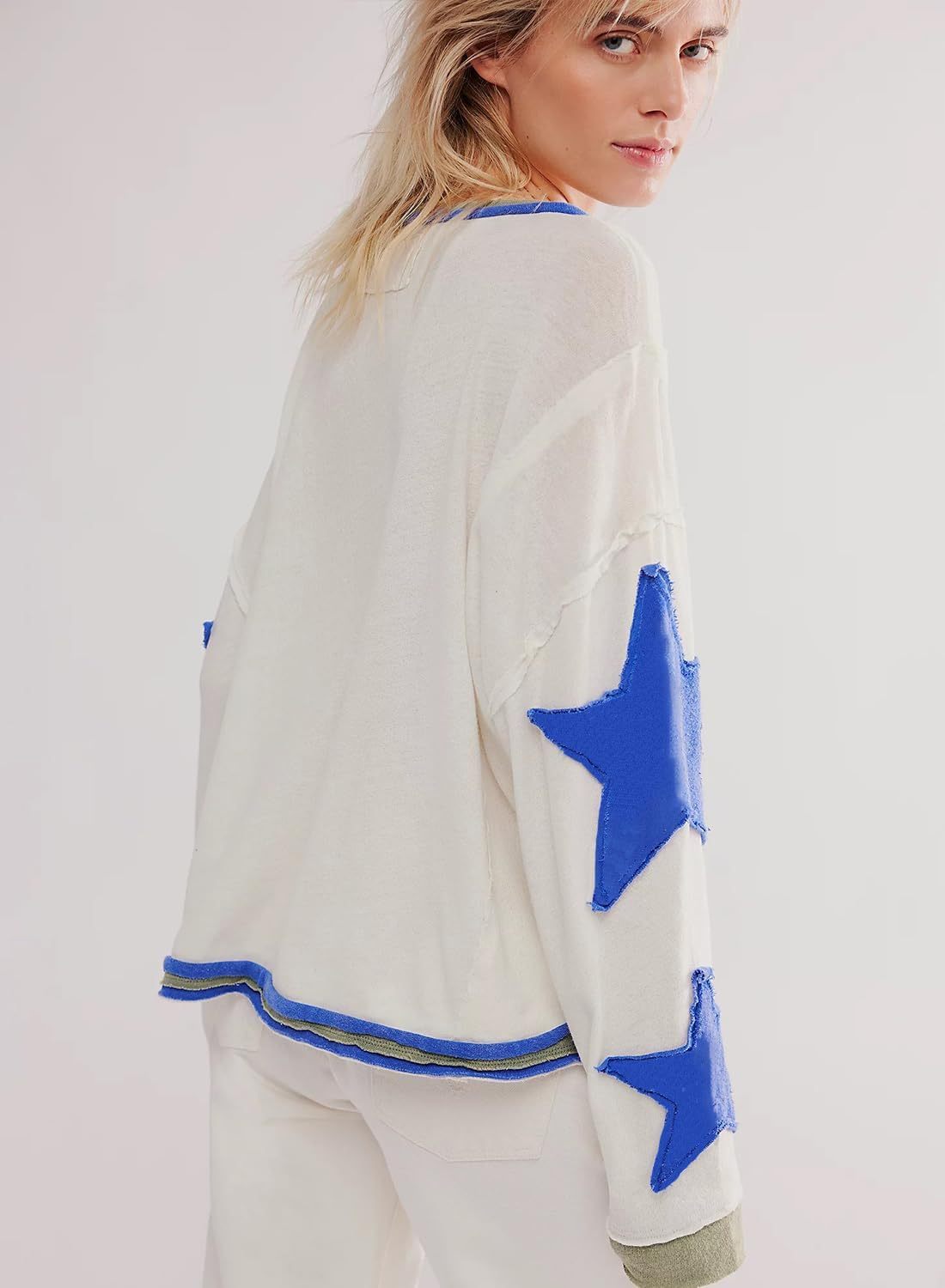 Women's Oversized Star Sweatshirt Long Sleeve Y2k Shirt Drop Shoulder Vintage Graphic Crewneck Jacket