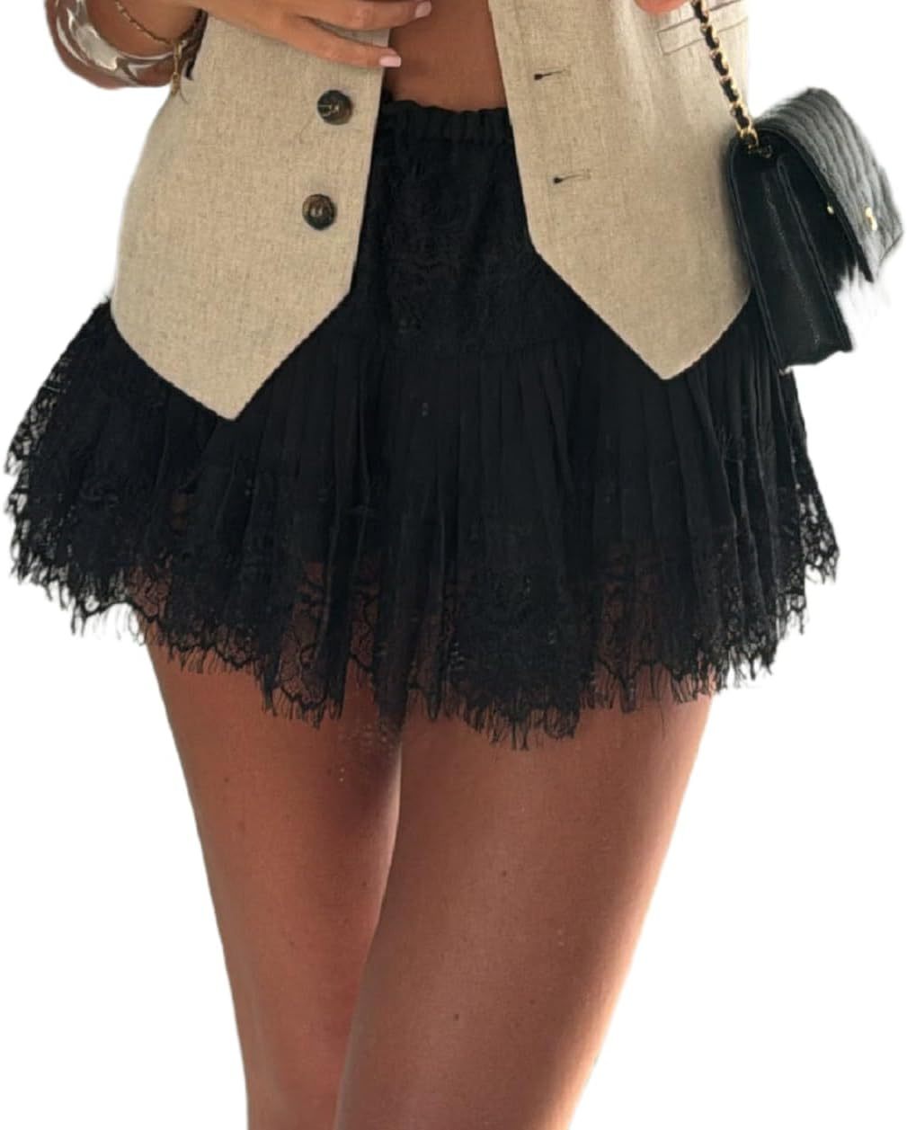 Women Y2K Black White Lace Mini Skirt Low Rise Half Slip Underskirt Ruffle Pleated Layered Flowy Short Skirts