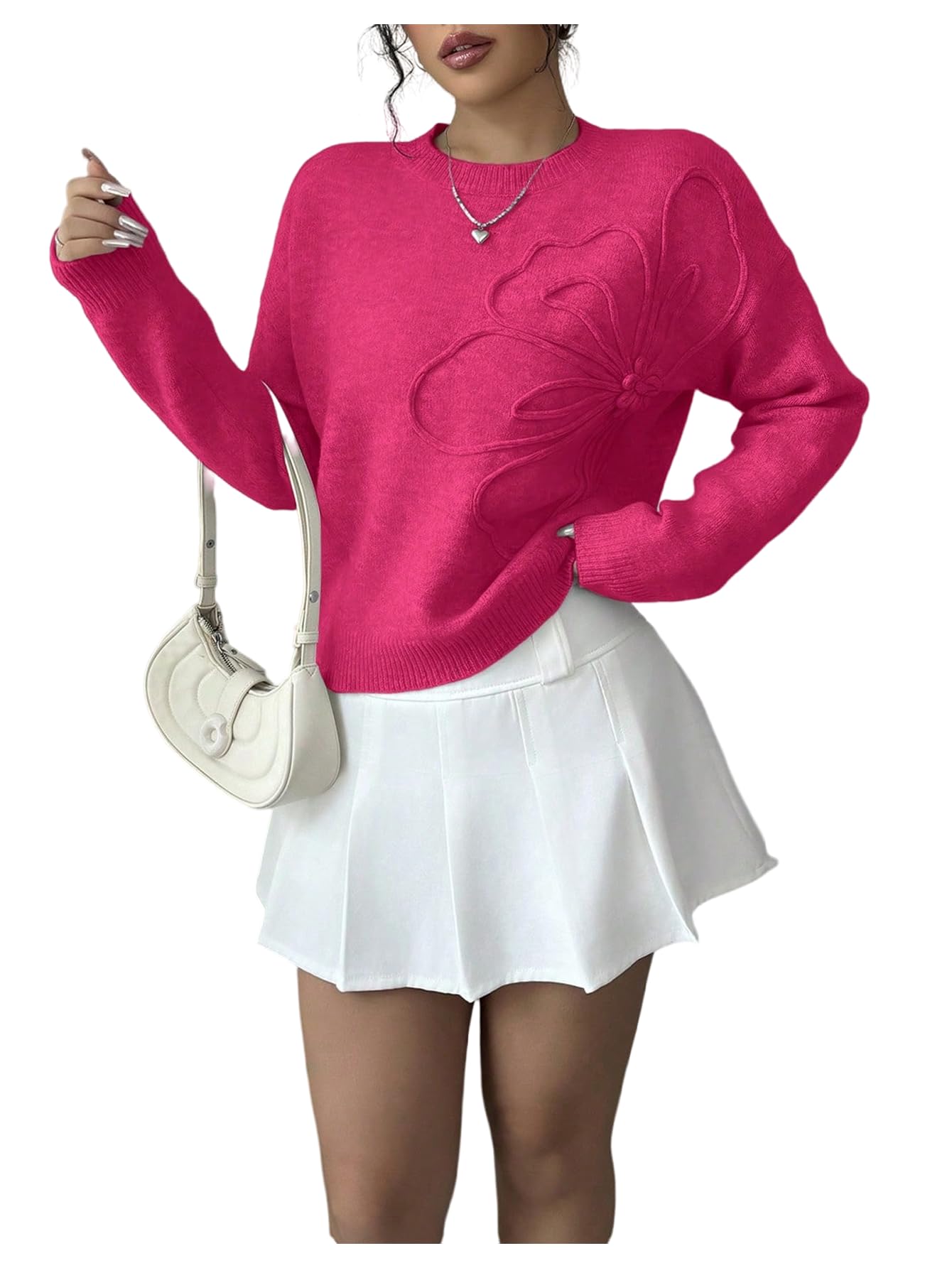 Women's 3D Floral Appliques Crewneck Sweaters Long Sleeve Drop Shoulder Pullovers