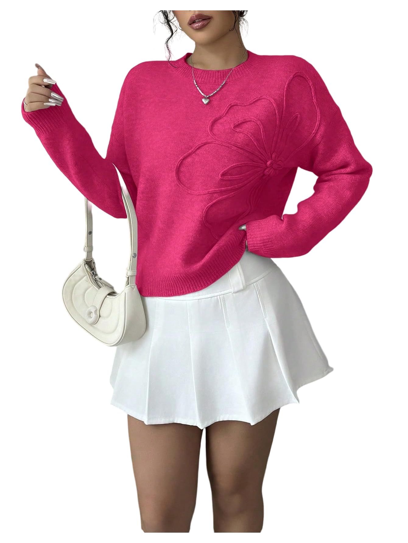 Women's 3D Floral Appliques Crewneck Sweaters Long Sleeve Drop Shoulder Pullovers
