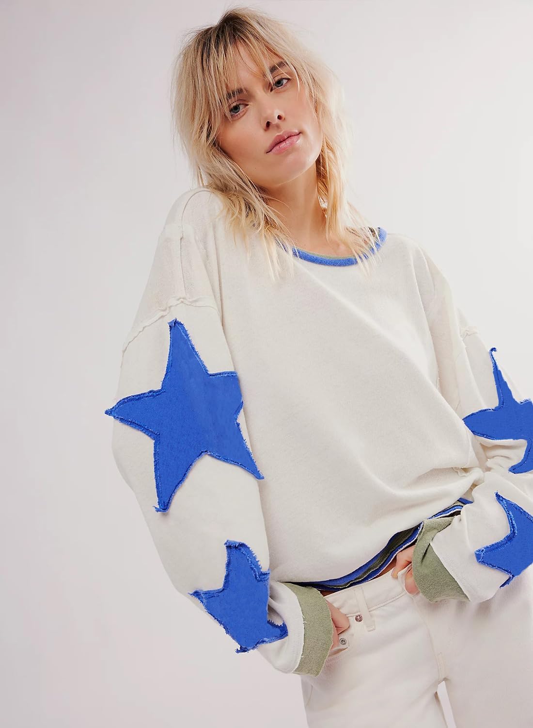 Women's Oversized Star Sweatshirt Long Sleeve Y2k Shirt Drop Shoulder Vintage Graphic Crewneck Jacket