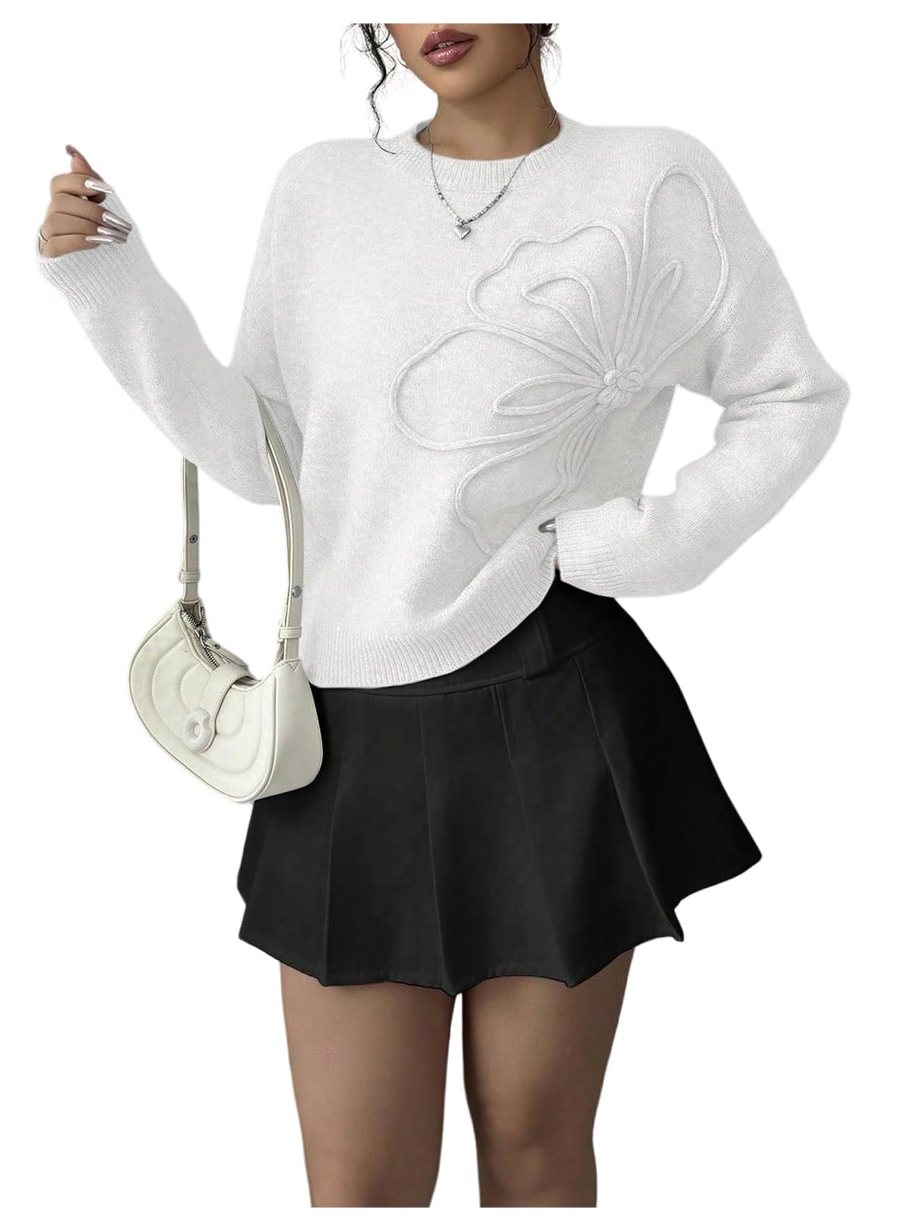 Women's 3D Floral Appliques Crewneck Sweaters Long Sleeve Drop Shoulder Pullovers