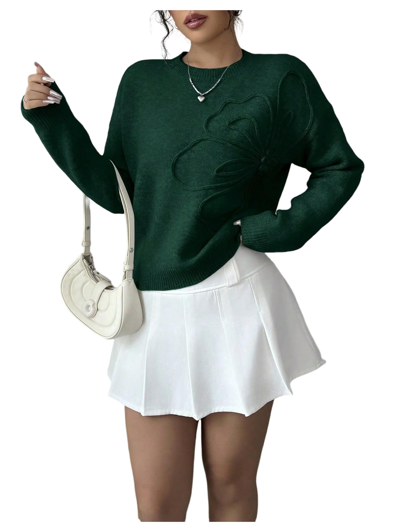Women's 3D Floral Appliques Crewneck Sweaters Long Sleeve Drop Shoulder Pullovers