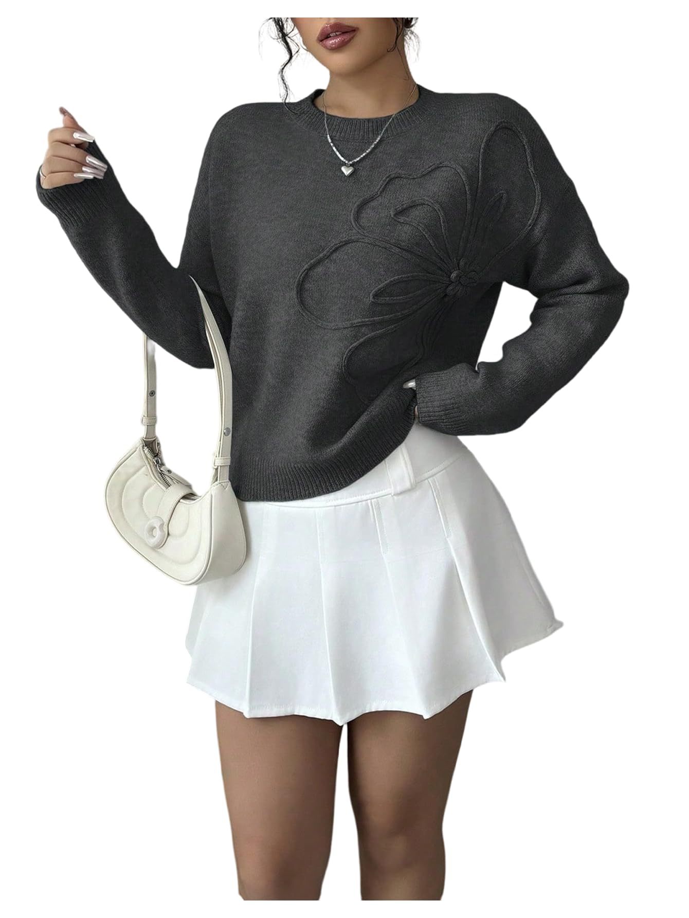 Women's 3D Floral Appliques Crewneck Sweaters Long Sleeve Drop Shoulder Pullovers