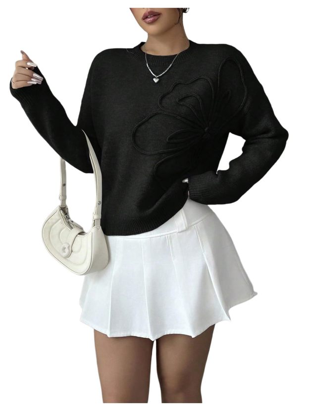 Women's 3D Floral Appliques Crewneck Sweaters Long Sleeve Drop Shoulder Pullovers