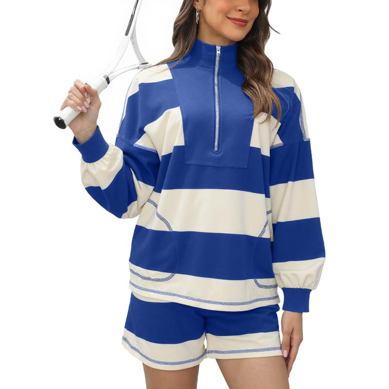Women's Lounge Set 2 Piece Striped Long Sleeve Quarter Zip