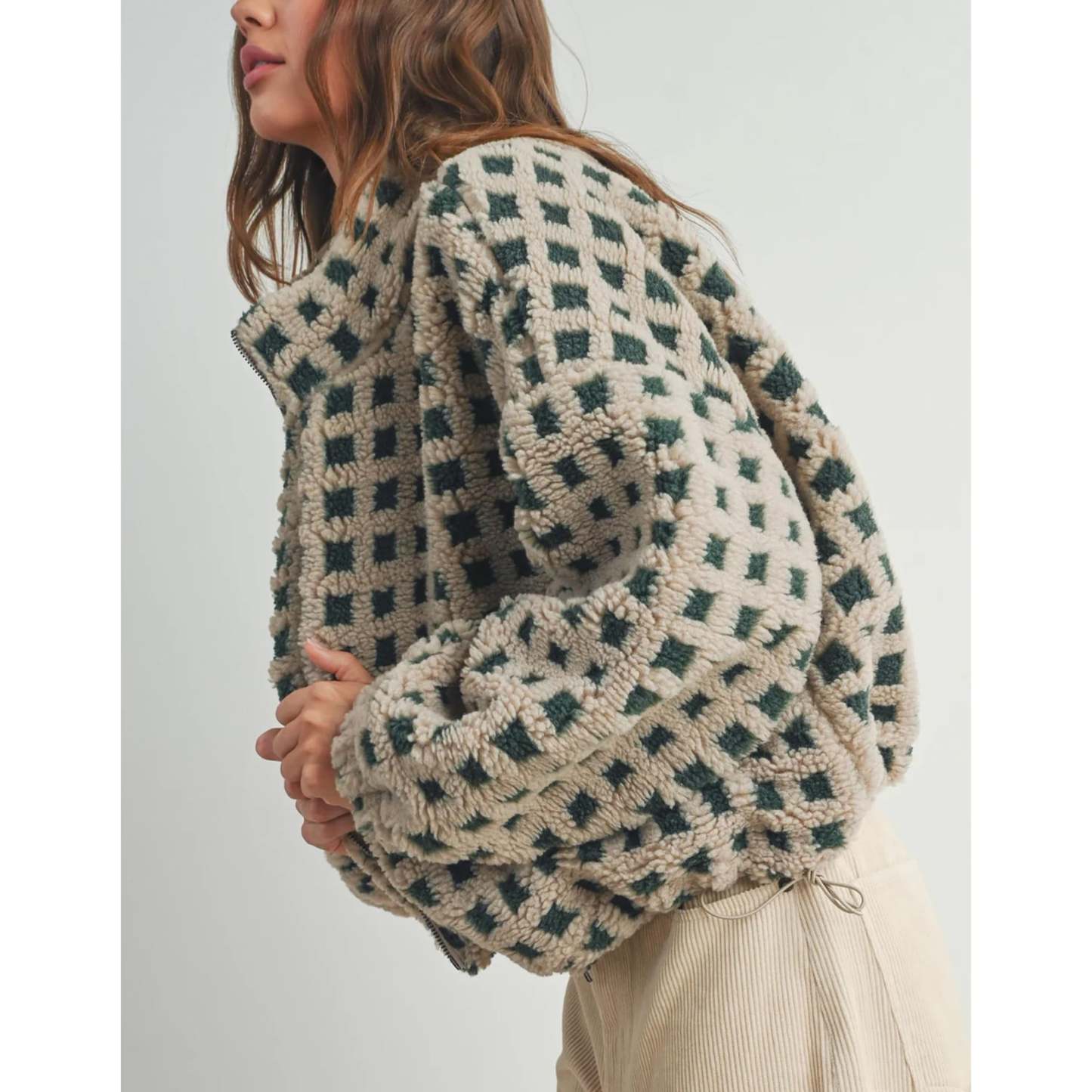 Women's Sherpa Checkered Fleece Jacket Long Sleeve Coat Warm Zip Up Plaid Outwear with Pocket