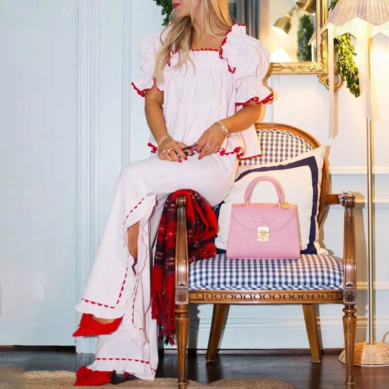 Women Pajama Set, Stripes/Plaid Short Sleeve Square Neck T-shirt with Pants Sleepwear Loungewear（buy 2 free shipping)