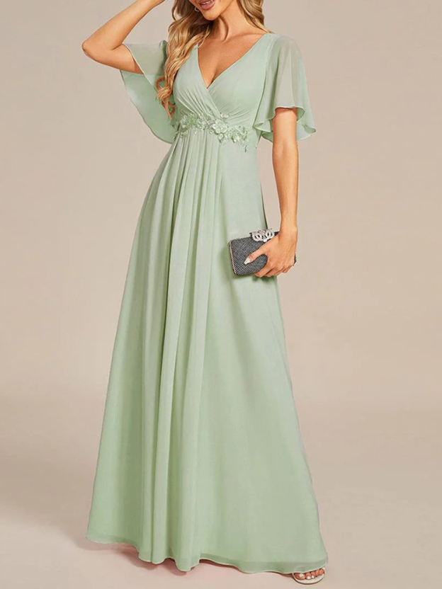 Flutter-Sleeve Appliqué A-Line Maxi Dress (Buy Two Free Shipping!!!)