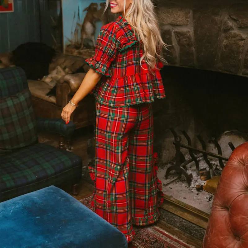 Women Pajama Set, Stripes/Plaid Short Sleeve Square Neck T-shirt with Pants Sleepwear Loungewear（buy 2 free shipping)