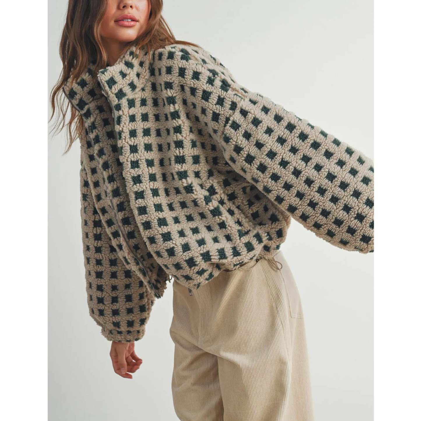 Women's Sherpa Checkered Fleece Jacket Long Sleeve Coat Warm Zip Up Plaid Outwear with Pocket