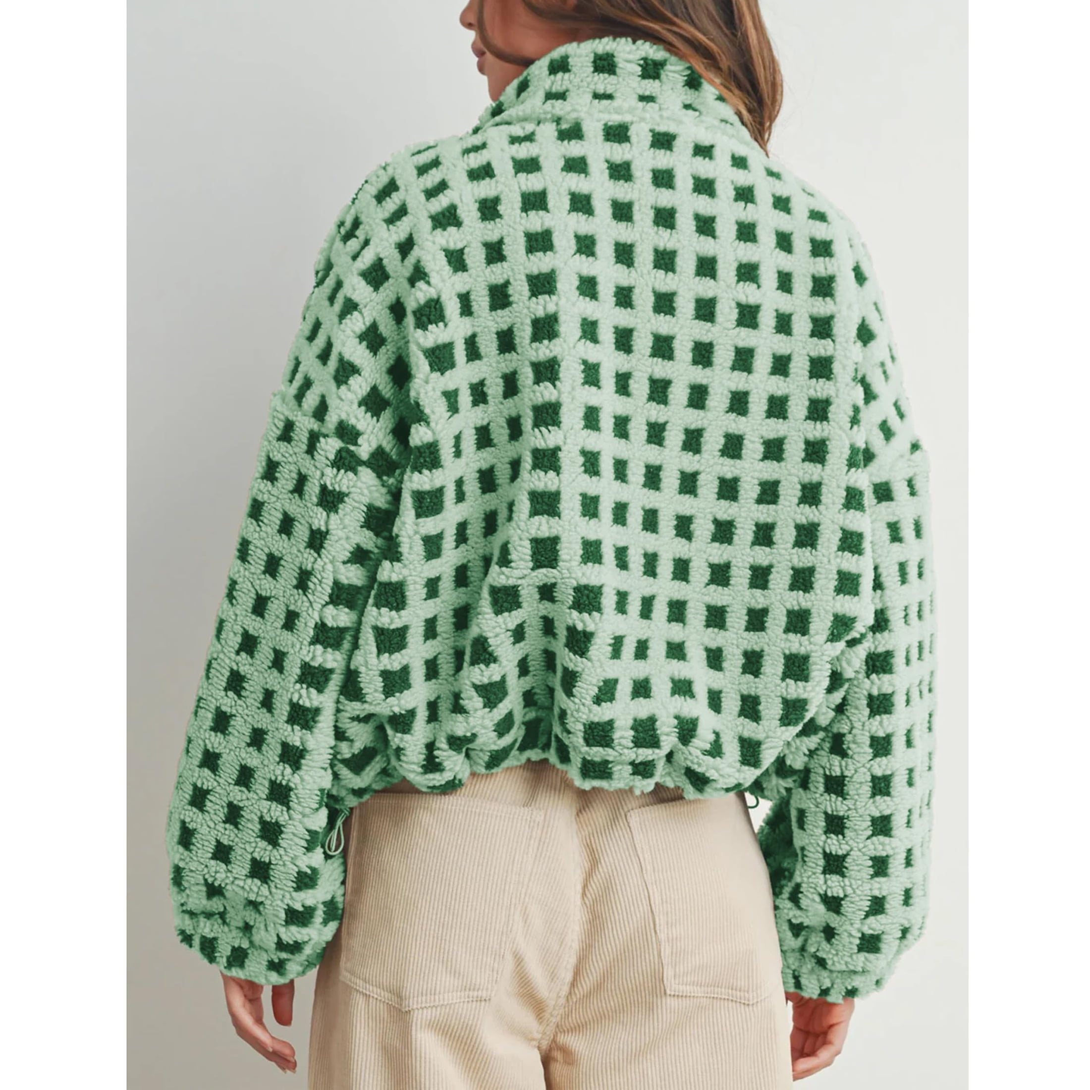 Women's Sherpa Checkered Fleece Jacket Long Sleeve Coat Warm Zip Up Plaid Outwear with Pocket