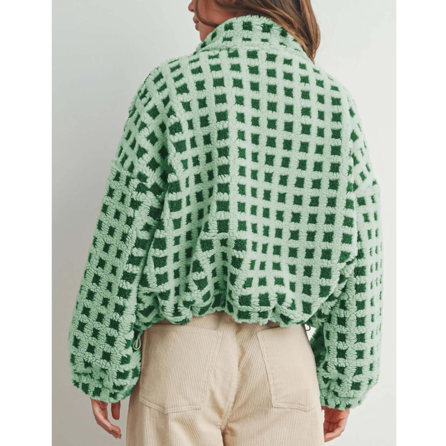 Women's Sherpa Checkered Fleece Jacket Long Sleeve Coat Warm Zip Up Plaid Outwear with Pocket