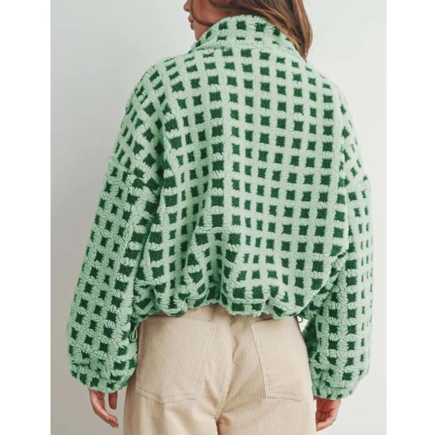 Women's Sherpa Checkered Fleece Jacket Long Sleeve Coat Warm Zip Up Plaid Outwear with Pocket