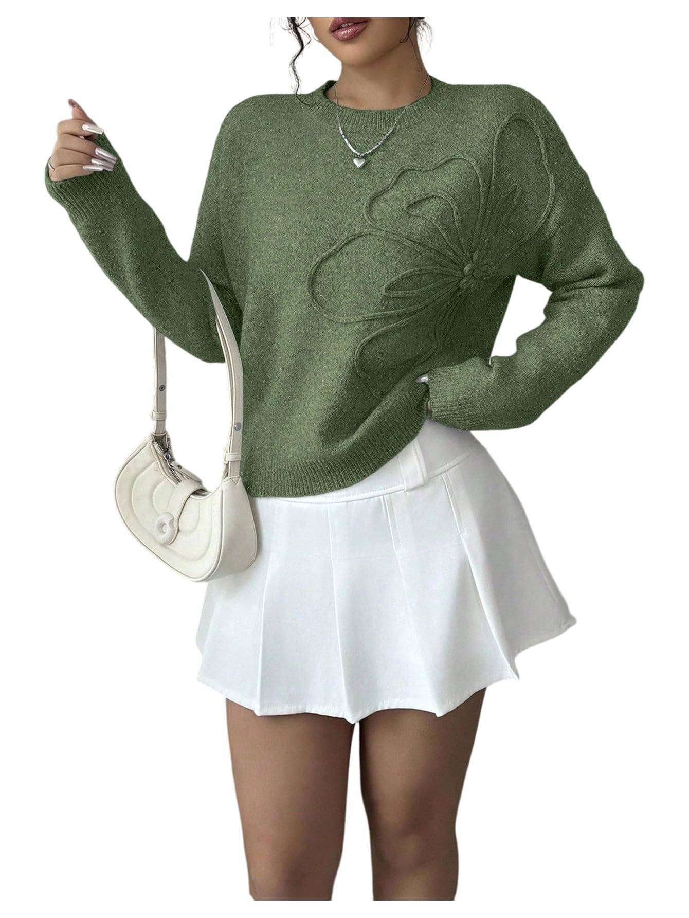Women's 3D Floral Appliques Crewneck Sweaters Long Sleeve Drop Shoulder Pullovers