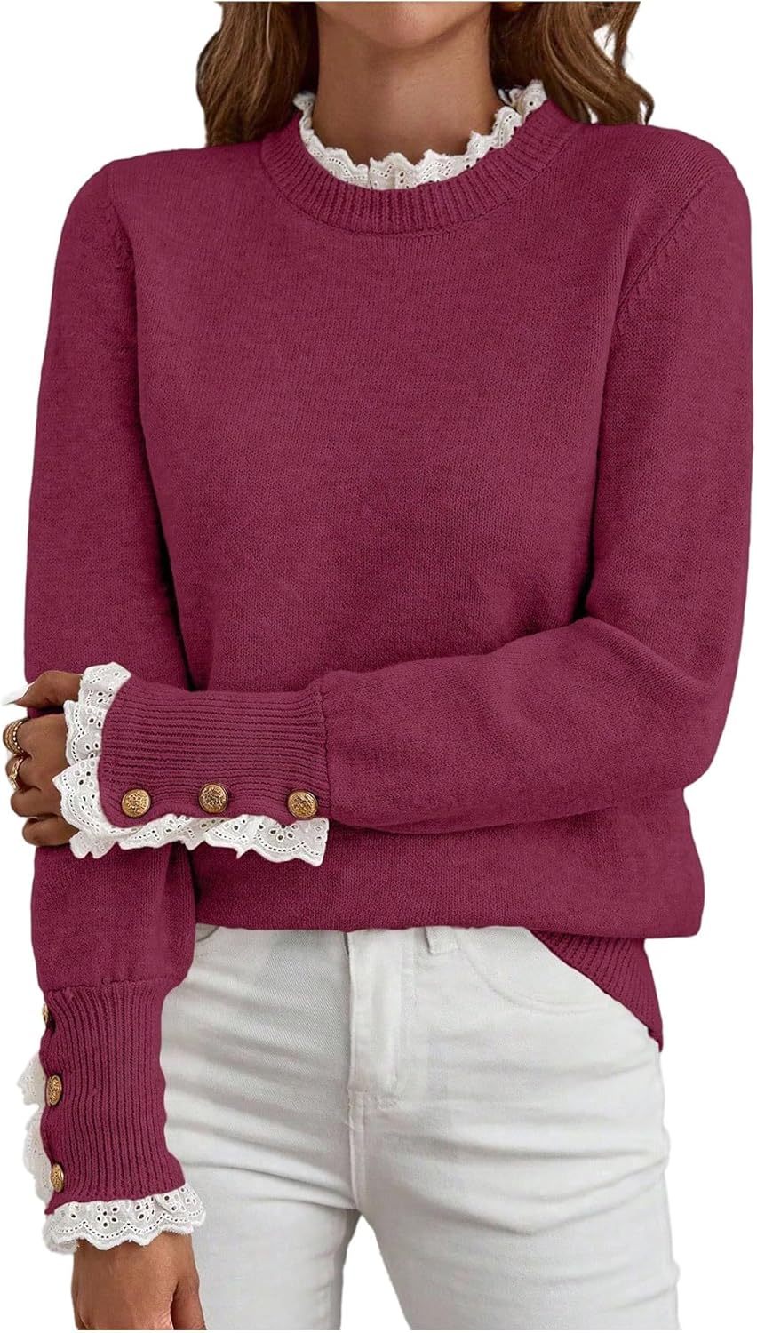 Women's Lace Peplum Mock Neck Sweater Soft Cozy Fall Pullover Top (BUY 2 FREE SHIPPING)