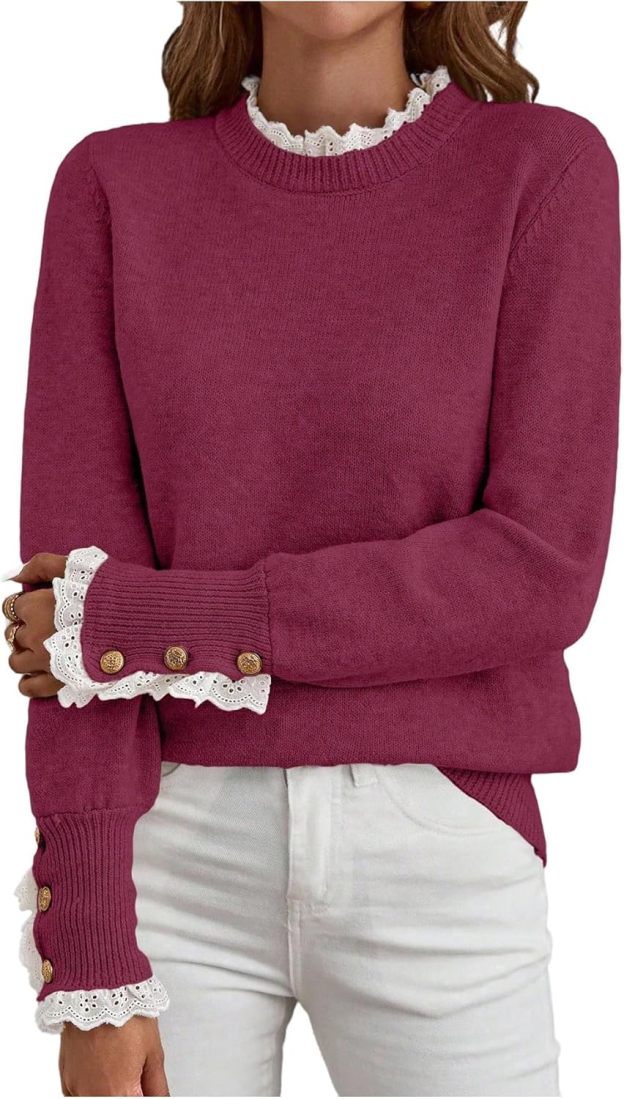 Women's Lace Peplum Mock Neck Sweater Soft Cozy Fall Pullover Top (BUY 2 FREE SHIPPING)