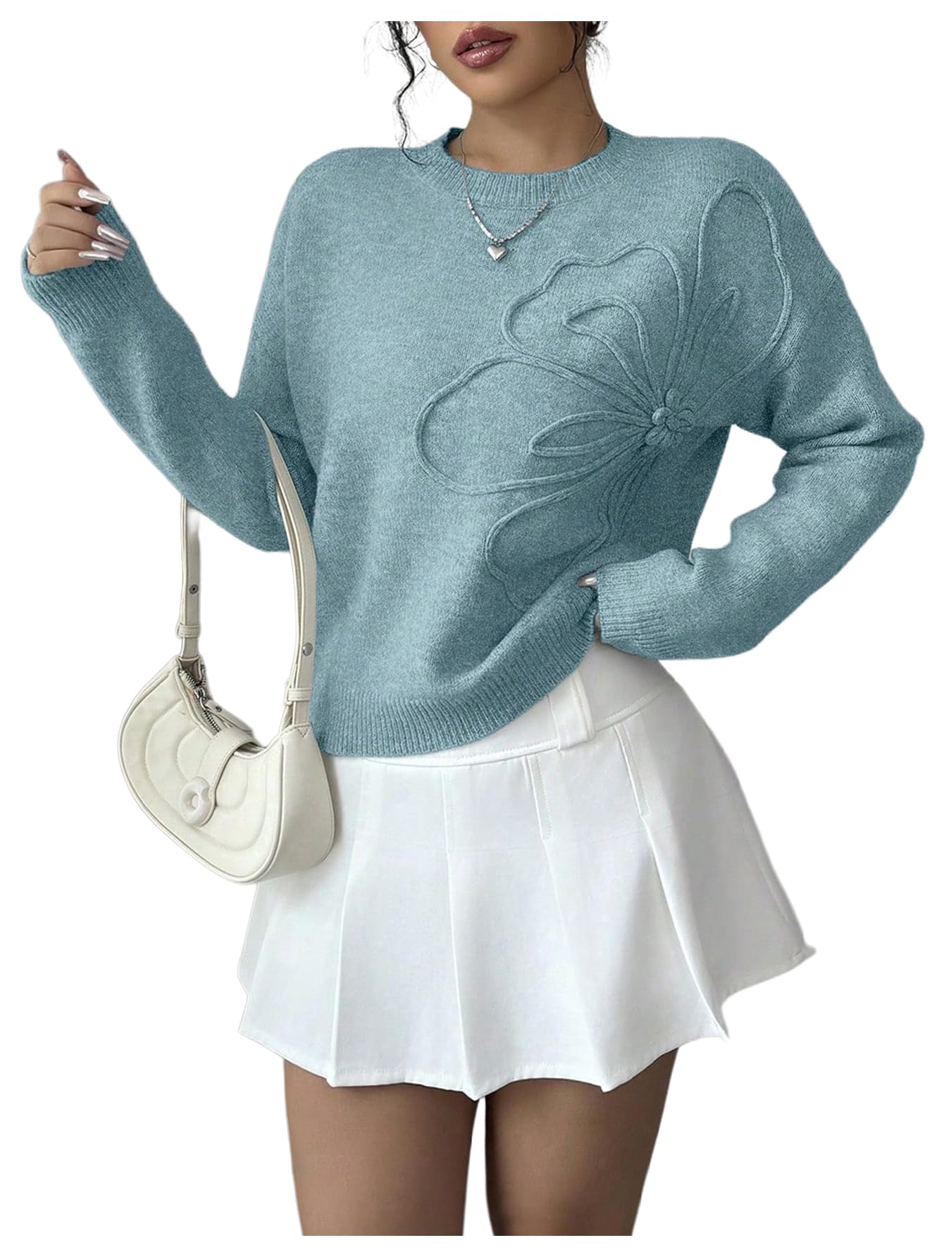 Women's 3D Floral Appliques Crewneck Sweaters Long Sleeve Drop Shoulder Pullovers