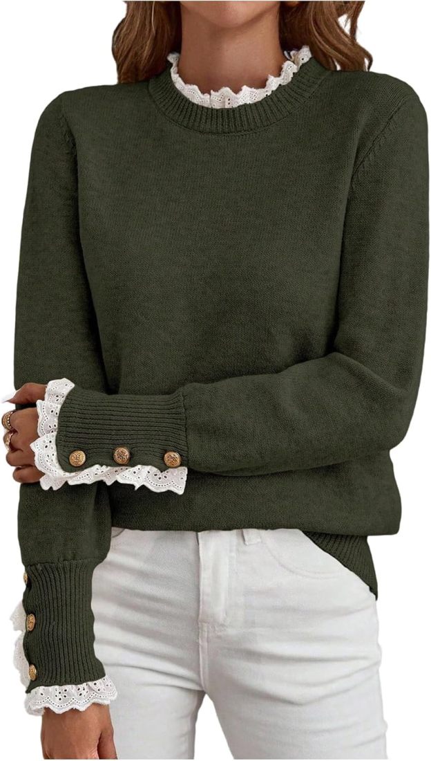Women's Lace Peplum Mock Neck Sweater Soft Cozy Fall Pullover Top (BUY 2 FREE SHIPPING)