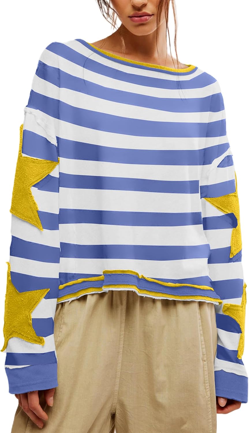 Women's Oversized Star Sweatshirt Long Sleeve Y2k Shirt Drop Shoulder Vintage Graphic Crewneck Jacket