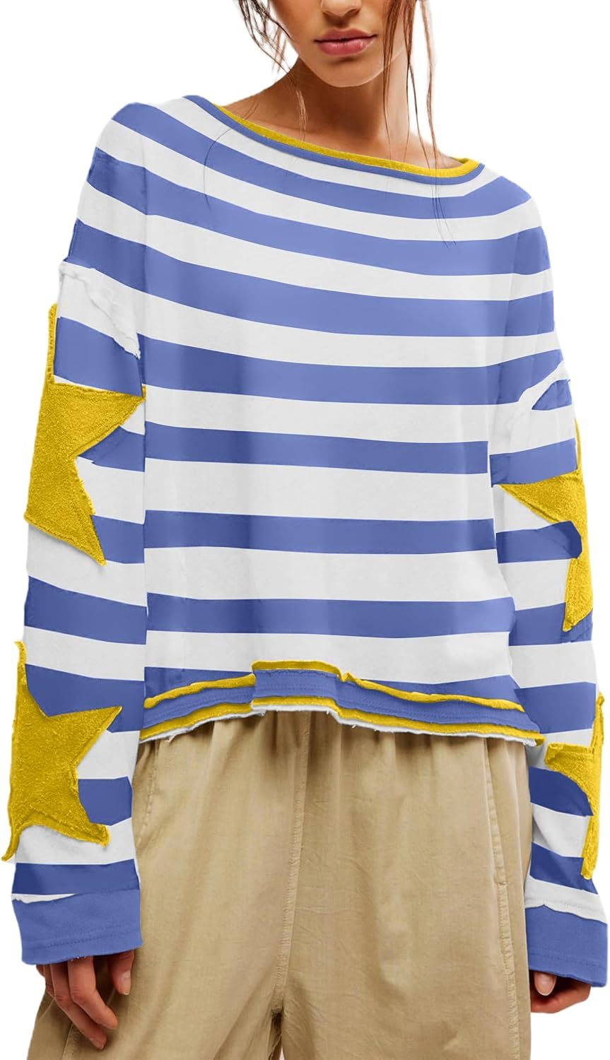 Women's Oversized Star Sweatshirt Long Sleeve Y2k Shirt Drop Shoulder Vintage Graphic Crewneck Jacket