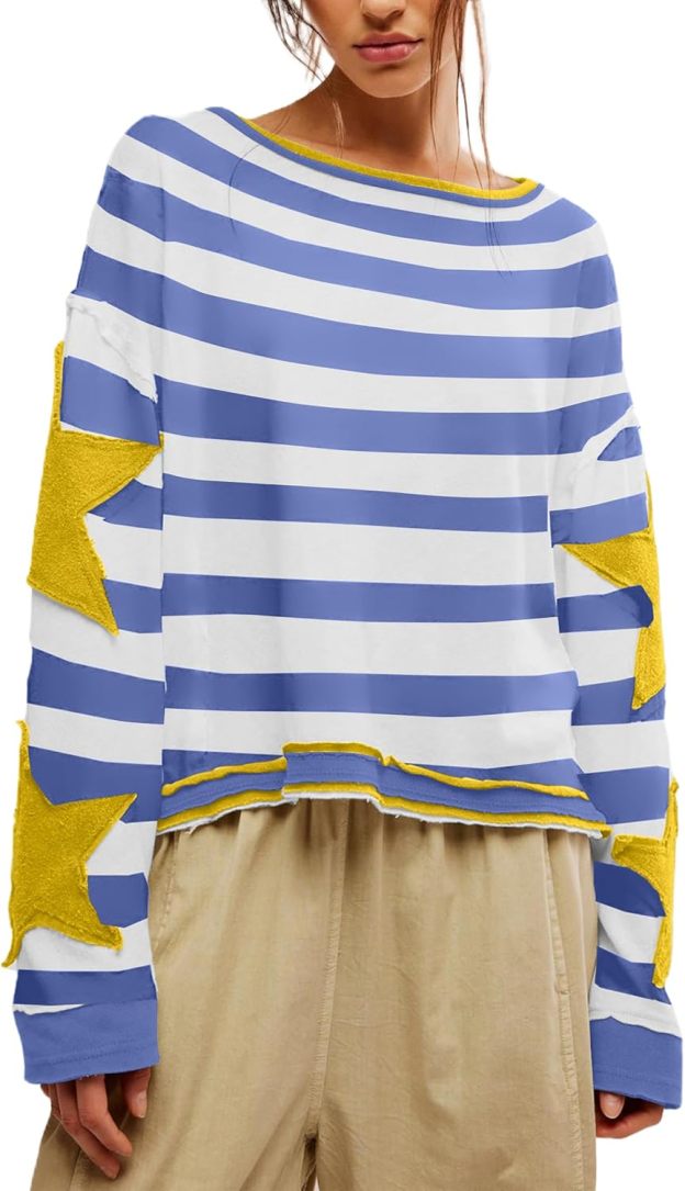 Women's Oversized Star Sweatshirt Long Sleeve Y2k Shirt Drop Shoulder Vintage Graphic Crewneck Jacket