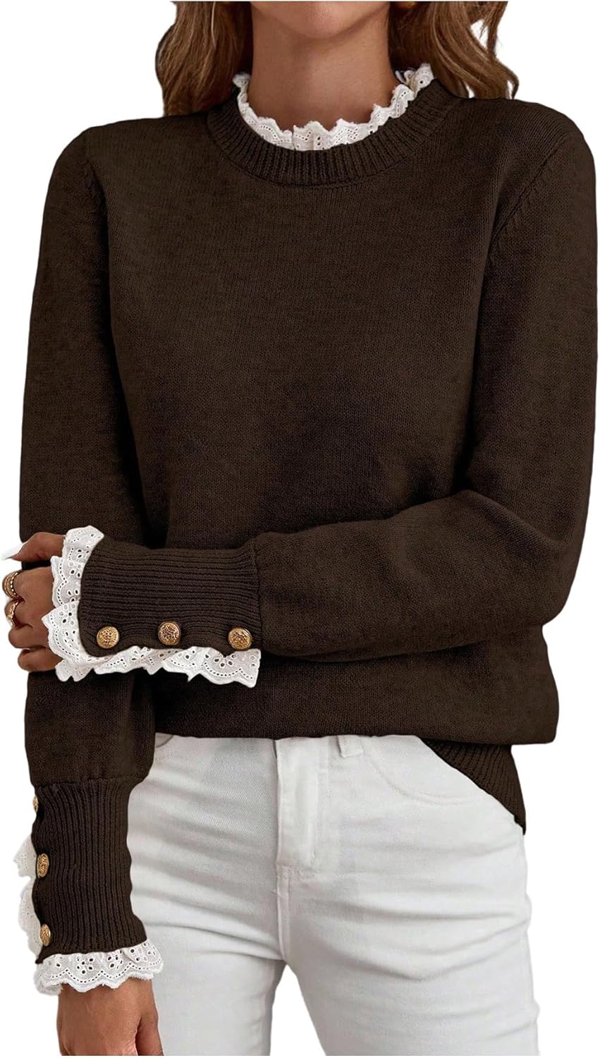 Women's Lace Peplum Mock Neck Sweater Soft Cozy Fall Pullover Top (BUY 2 FREE SHIPPING)