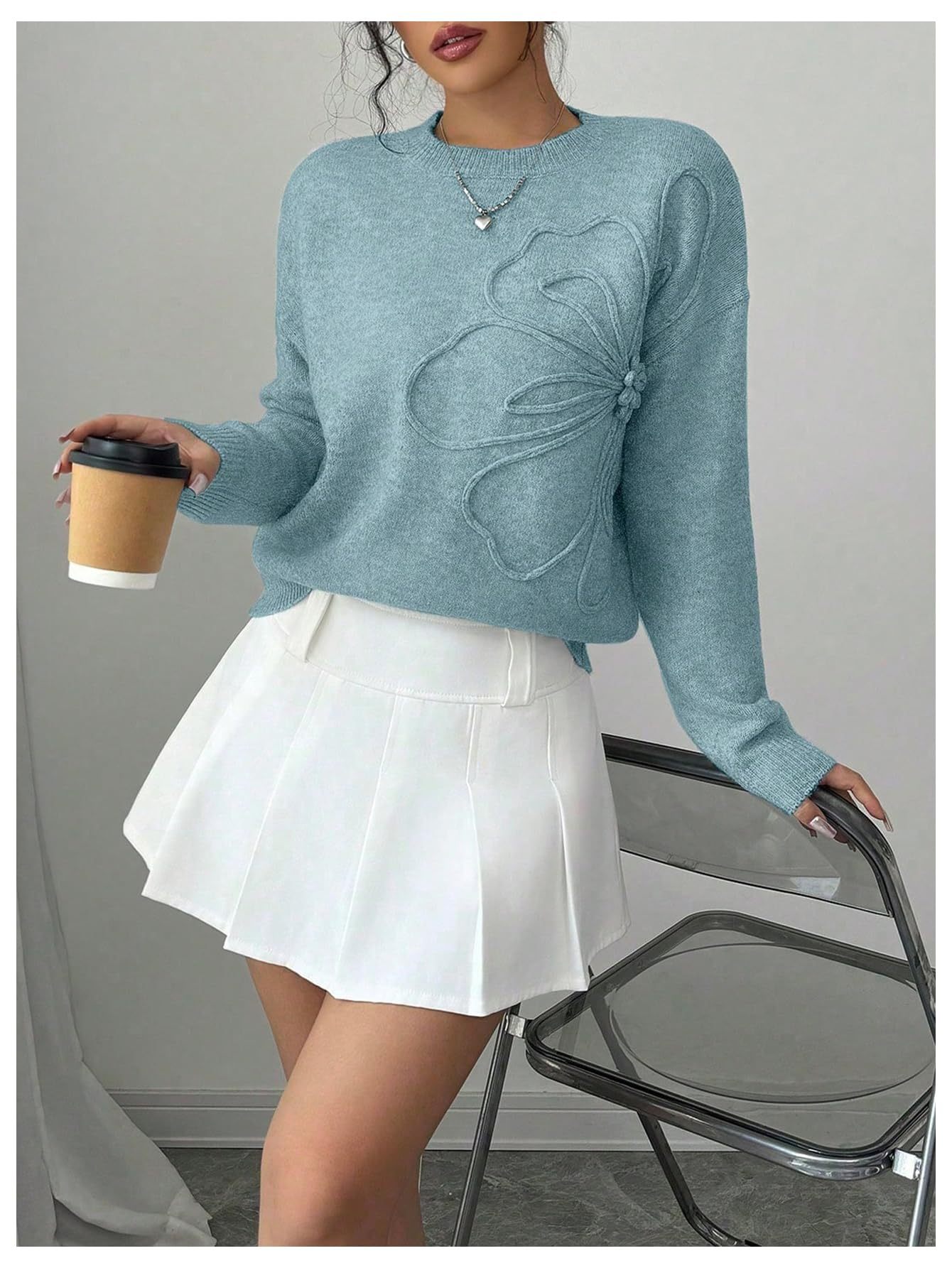 Women's 3D Floral Appliques Crewneck Sweaters Long Sleeve Drop Shoulder Pullovers