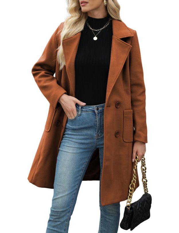 Women Winter Wool Blend Camel Mid-Long Coat Notch Double-Breasted Lapel Jacket Outwear
