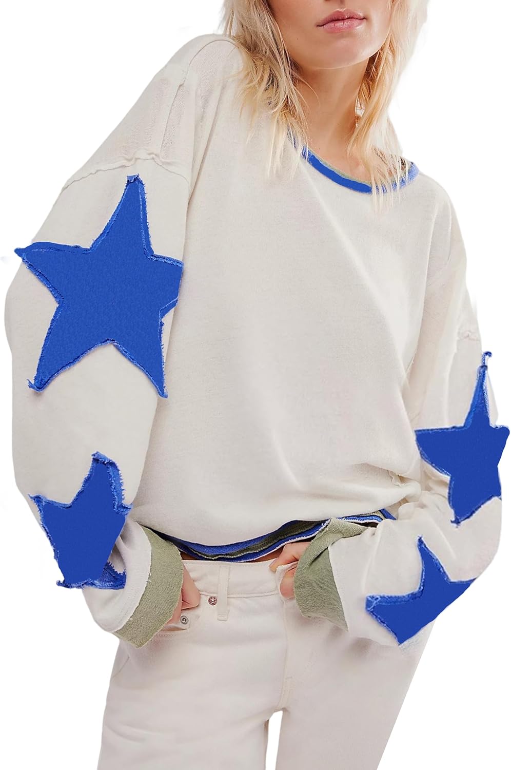 Women's Oversized Star Sweatshirt Long Sleeve Y2k Shirt Drop Shoulder Vintage Graphic Crewneck Jacket