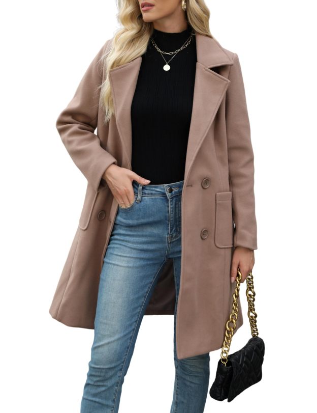 Women Winter Wool Blend Camel Mid-Long Coat Notch Double-Breasted Lapel Jacket Outwear