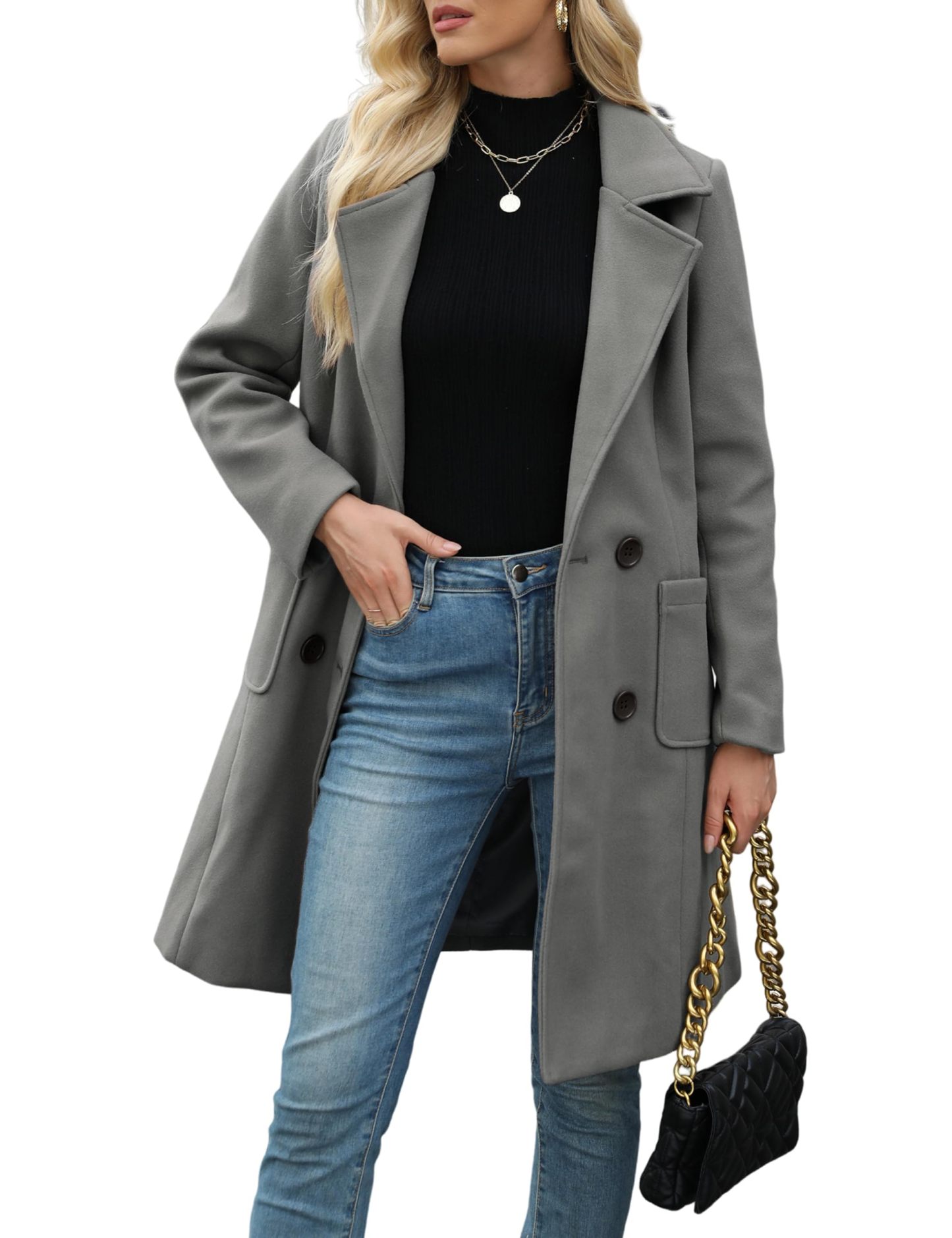 Women Winter Wool Blend Camel Mid-Long Coat Notch Double-Breasted Lapel Jacket Outwear