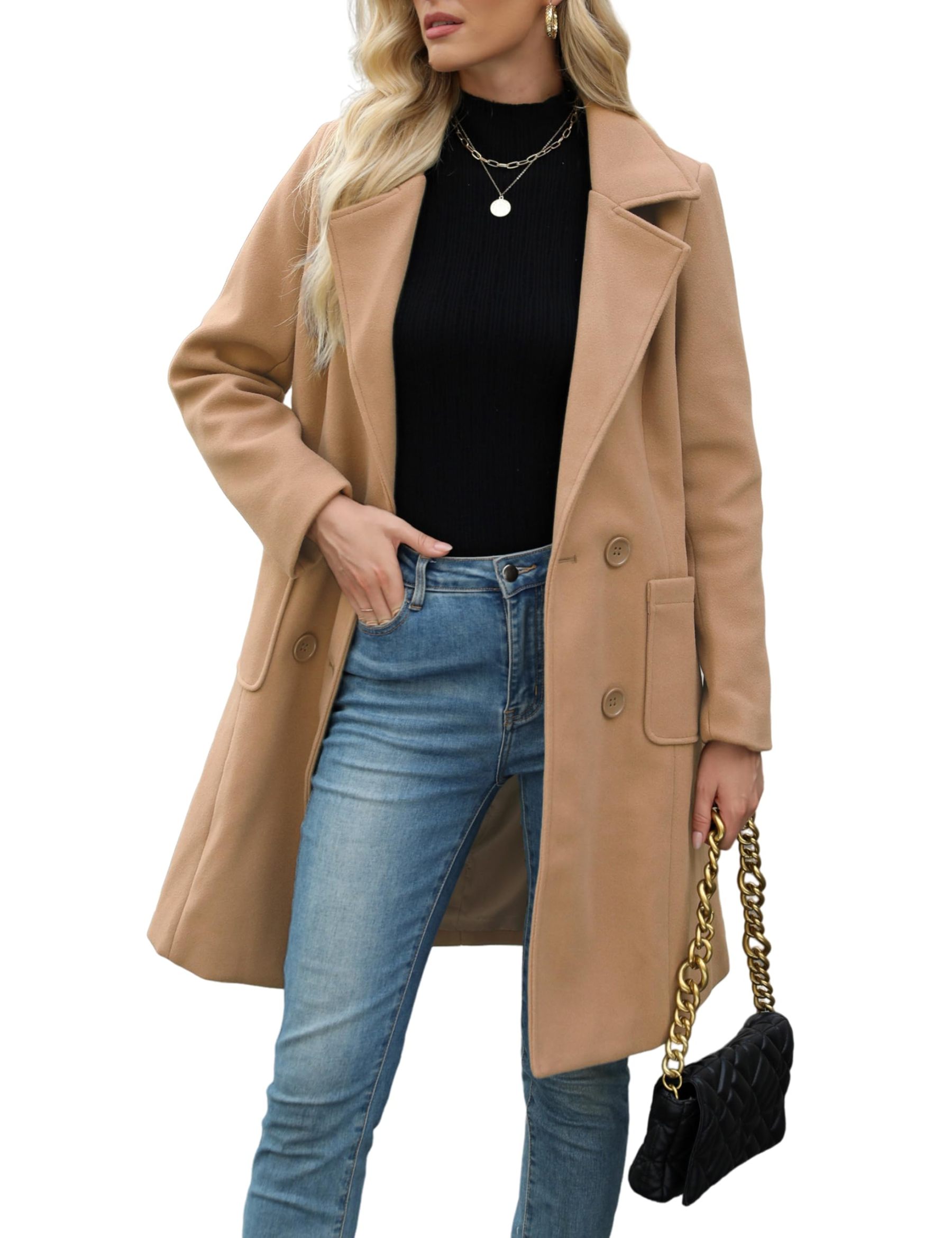 Women Winter Wool Blend Camel Mid-Long Coat Notch Double-Breasted Lapel Jacket Outwear