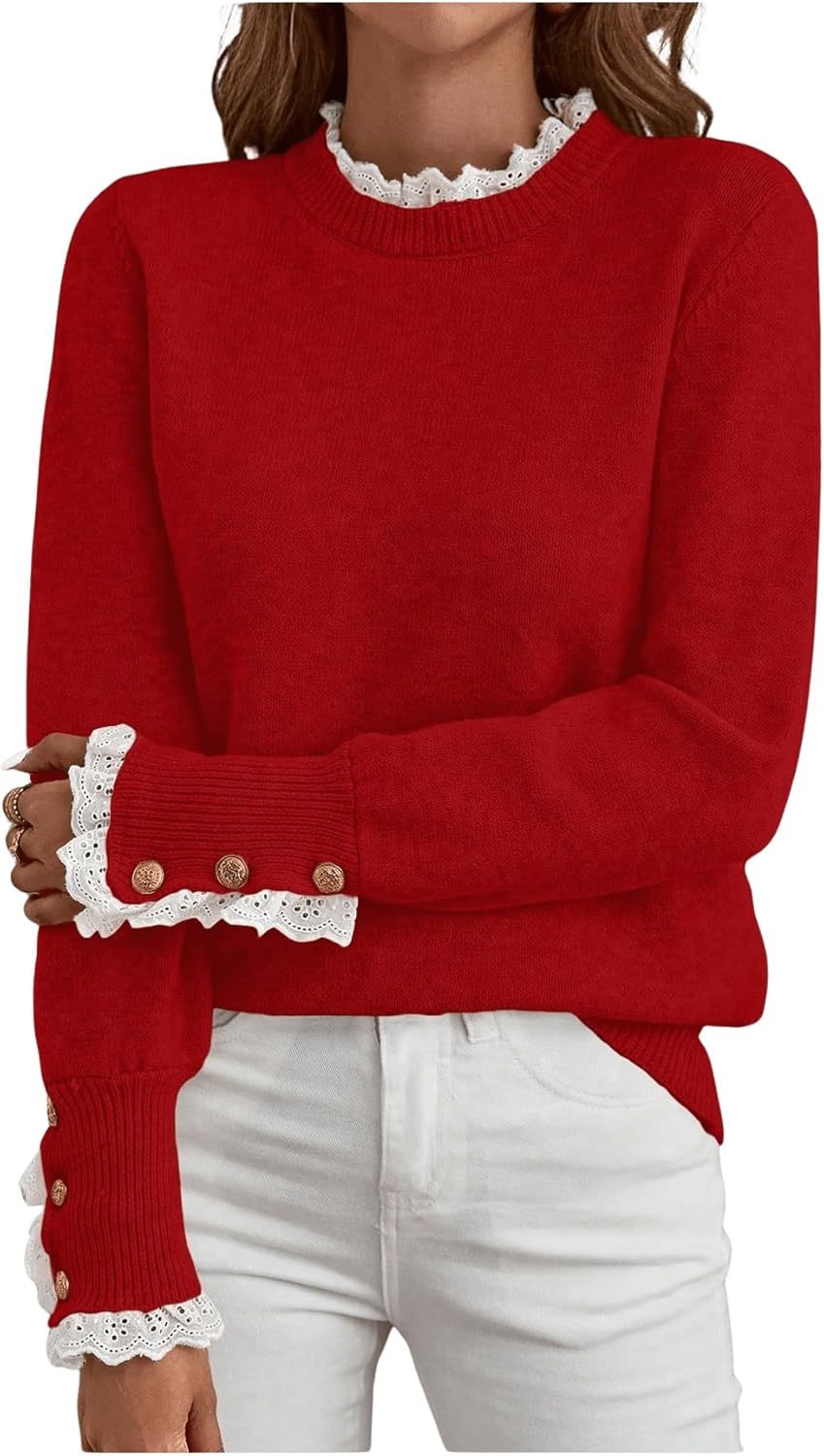 Women's Lace Peplum Mock Neck Sweater Soft Cozy Fall Pullover Top (BUY 2 FREE SHIPPING)