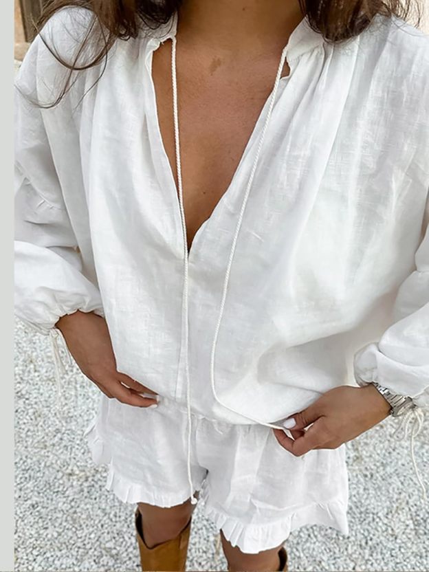 Women's Long Sleeve V Neck Tie Front Tops and Ruffled Boxer Shorts Lounge Sets