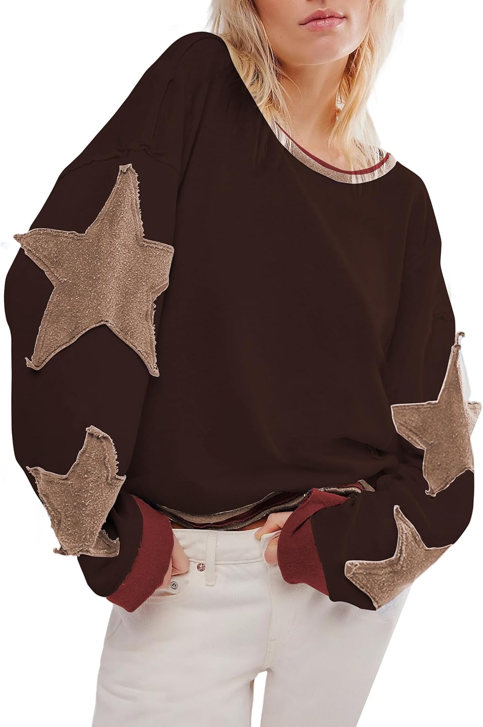 Women's Oversized Star Sweatshirt Long Sleeve Y2k Shirt Drop Shoulder Vintage Graphic Crewneck Jacket