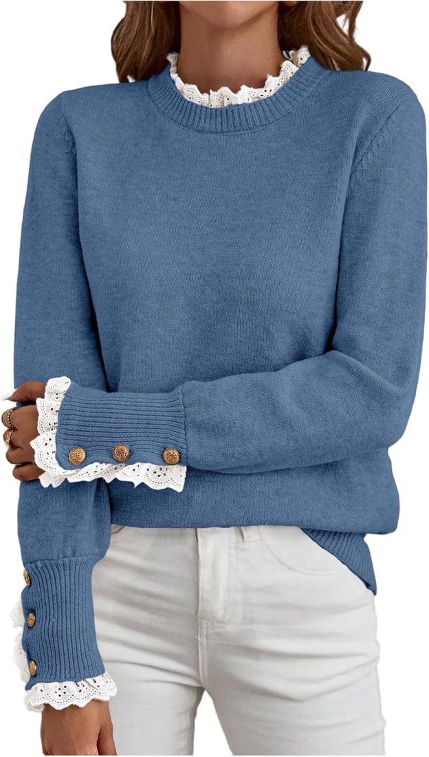 Women's Lace Peplum Mock Neck Sweater Soft Cozy Fall Pullover Top (BUY 2 FREE SHIPPING)