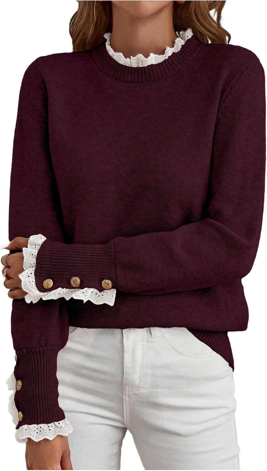 Women's Lace Peplum Mock Neck Sweater Soft Cozy Fall Pullover Top (BUY 2 FREE SHIPPING)