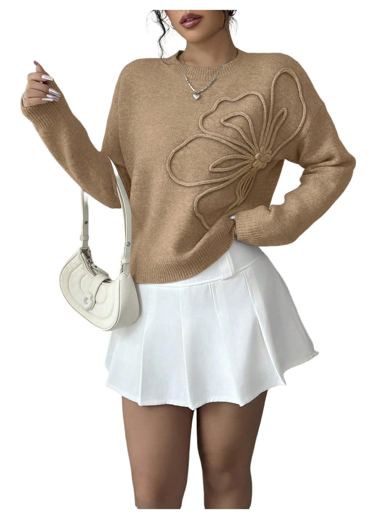 Women's 3D Floral Appliques Crewneck Sweaters Long Sleeve Drop Shoulder Pullovers