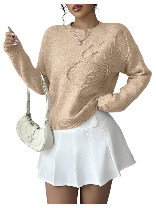 Women's 3D Floral Appliques Crewneck Sweaters Long Sleeve Drop Shoulder Pullovers