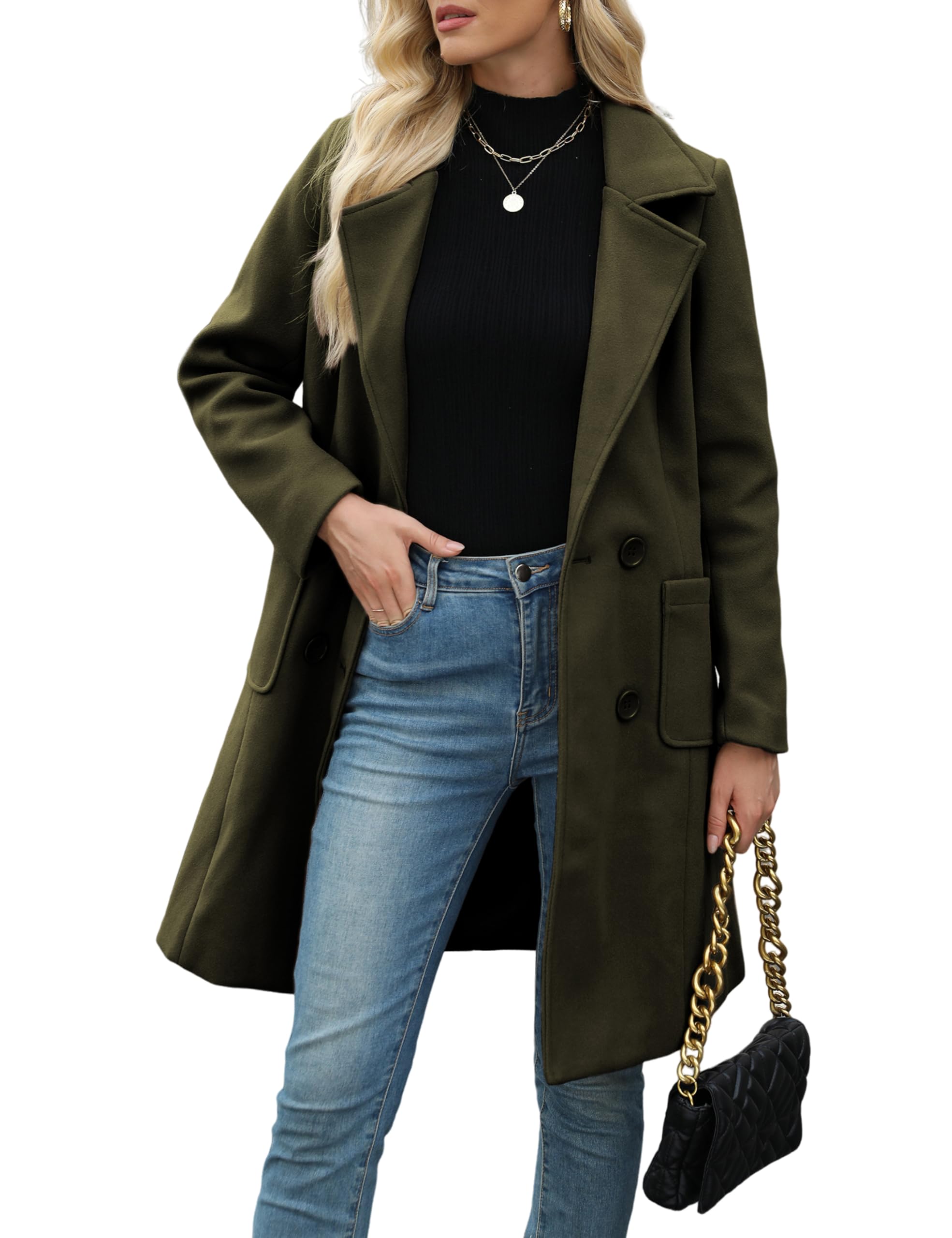 Women Winter Wool Blend Camel Mid-Long Coat Notch Double-Breasted Lapel Jacket Outwear